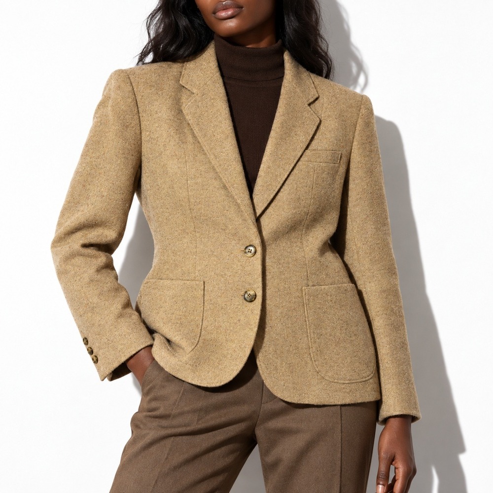 70s Vintage Wool Blazer Womens 10 Camel Brown Puff Sleeve 2 Button Jacket Office